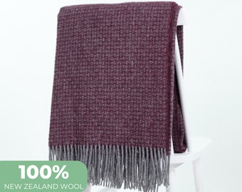 Dark Purple New Zealand Wool Throw Blanket: Textured Weave with Fringes