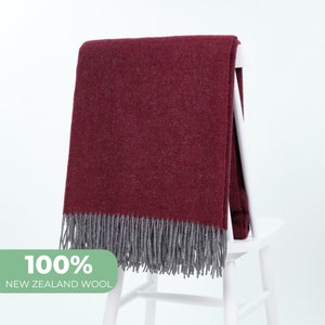 Dark Red Wool Throw Blanket: Reversible Plaid with Grey Fringes