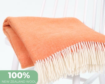 Orange - white wool throw blanket | Modern stylish large sofa throw with fringes | Cozy reading blanket | Bright colorful home decoration