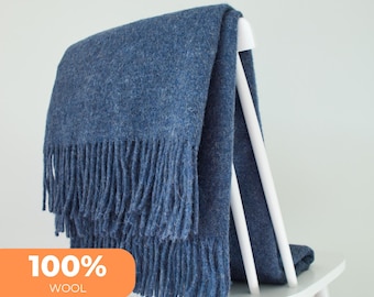 Blue sheep wool blanket | 100% natural wool throw plaid | Large sofa blanket | Home decor | 55x78 in / 140x200cm | Housewarming gift