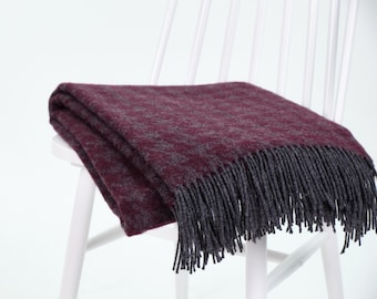 Large burgundy purple houndstooth check sofa throw with grey fringes | Stylish modern housewarming gift