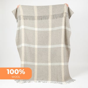 Natural wool light brown beige plaid check tartan Scandinavian hygge warm large couch sofa throw blanket with fringes by NAMO