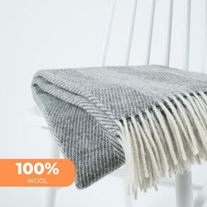 Grey wool blanket | Wide herringbone - chevron natural wool throw blanket | Pure wool gift present for housewarming by NAMO
