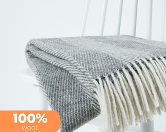Grey wool blanket | Wide herringbone - chevron natural wool throw blanket | Pure wool gift present for housewarming by NAMO