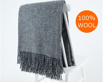 Pure wool dark grey minimalist warm and cozy Hygge large sofa throw blanket | Nordic couch armchair plaid with fringes by NAMO