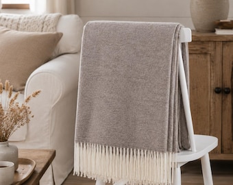 Taupe Wool Throw Blanket with Cream Fringe, Neutral Light Brown Rustic Farmhouse Sofa Throw