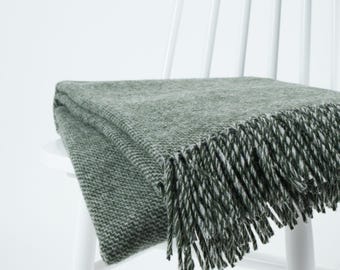 Olive Forest Green Wool Blanket Throw, Scandinavian Fringe Sofa Blanket, Cozy Minimalist Home-Decor