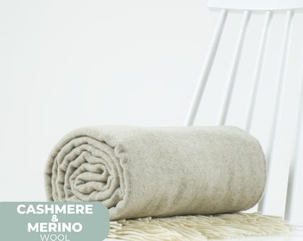 Herringbone cashmere merino wool throw blanket 140x200 cm (55x78 in) with fringes, Beige wool throw, Minimalist decor
