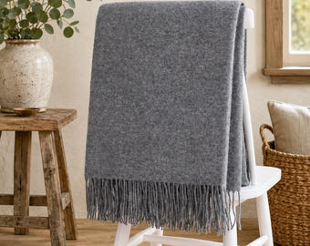 Grey Wool Throw Blanket with Fringe, 100% Wool Chair Throw for Rustic Farmhouse Decor