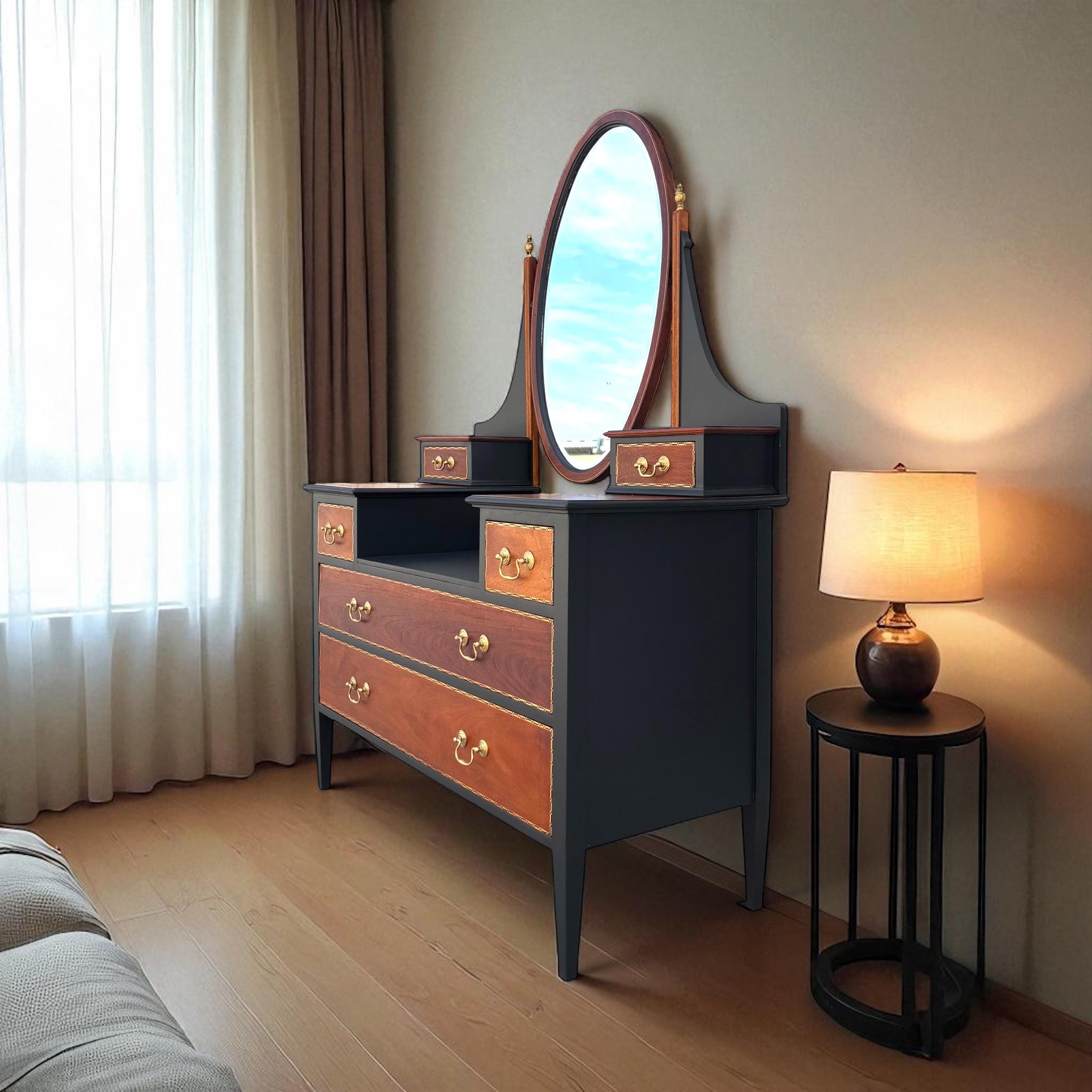 modern mahogany dressing table Edwardian Mahogany Dressing Table With Oval Mirror, Original Inlay and Jet  Black Highlights