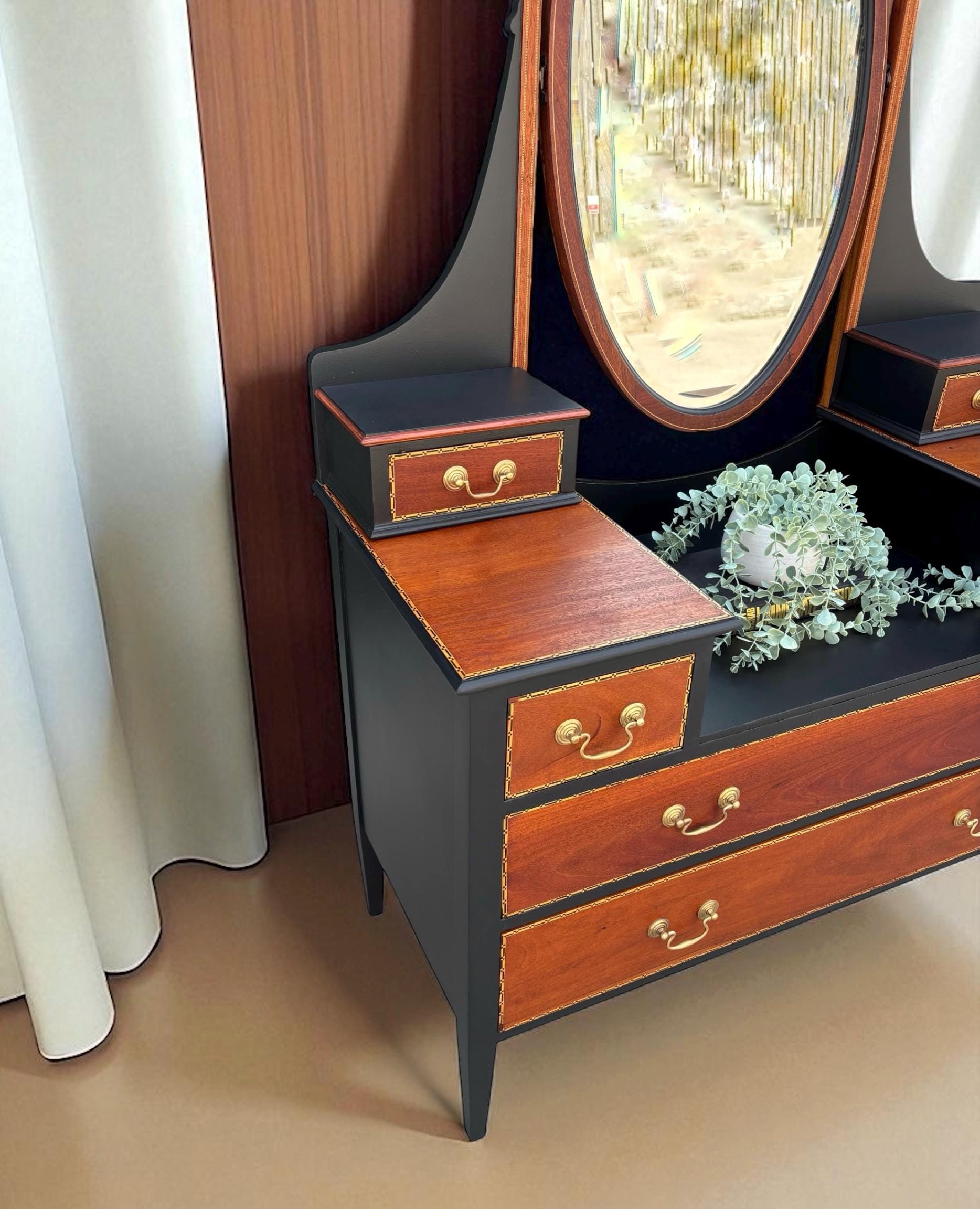 modern mahogany dressing table Edwardian Mahogany Dressing Table With Oval Mirror, Original Inlay and Jet  Black Highlights