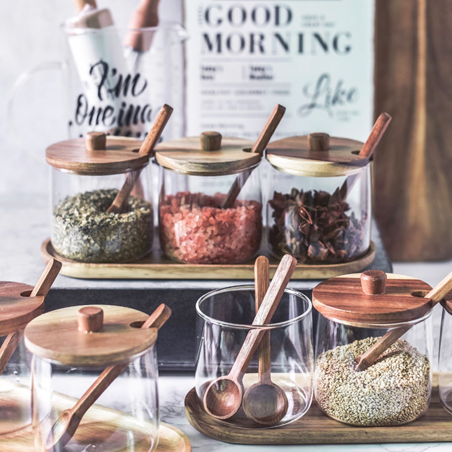 3 PCS Wooden Kitchen Seasoning Tools Set Glass Seasoning Jar Etsy