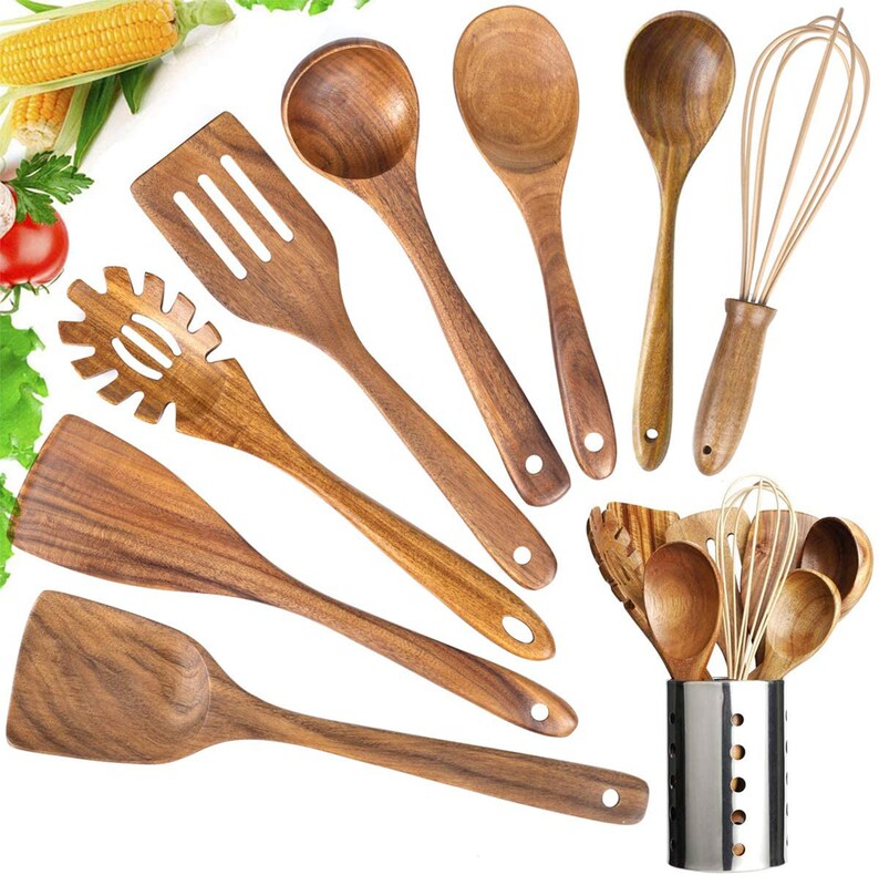 Classic 8 Pieces Wooden Utensil Set 100 Natural Teak Wood Etsy