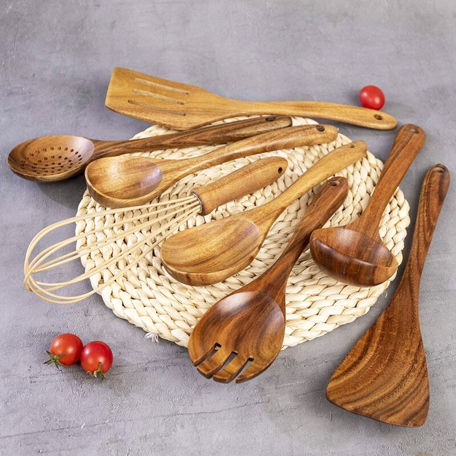 Classic 8 Pieces Wooden Utensil Set Natural Teak Wood Kitchen Etsy
