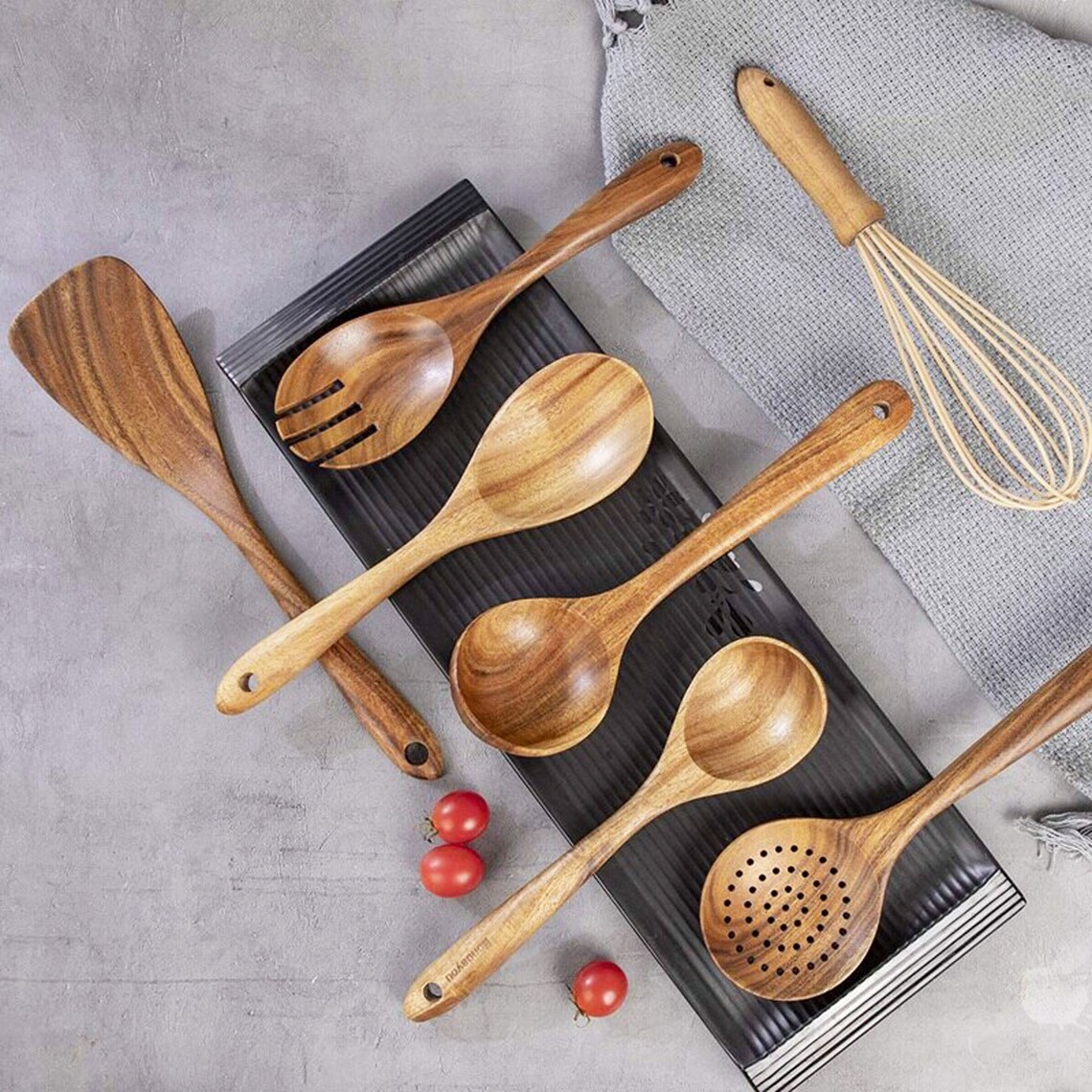 Classic 8 Pieces Wooden Utensil Set Natural Teak Wood Kitchen Etsy
