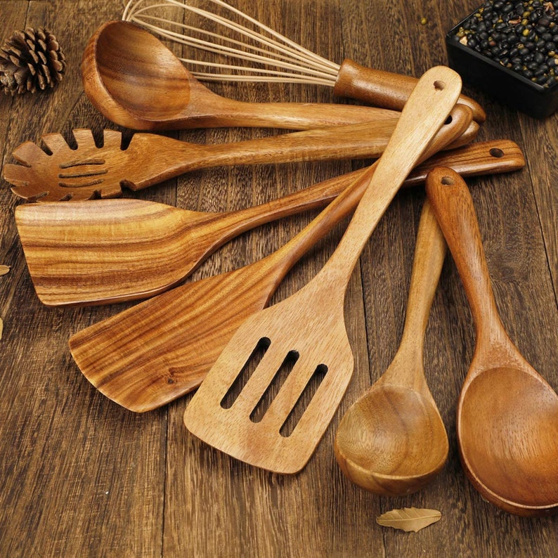 Classic 8 Pieces Wooden Utensil Set 100 Natural Teak Wood Etsy
