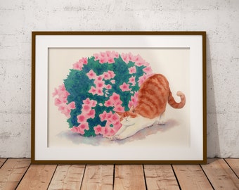 Red tabby cat stretches beside azalea, Watercolor Downloadable print, Watercolor Printable art, Modern Print