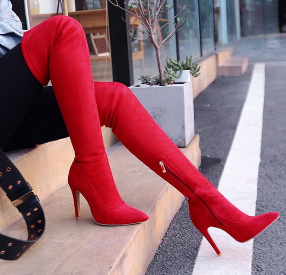 thigh high stretch suede boots