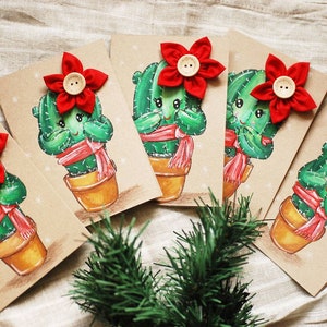 Cartolina di Natale,  biglietto di auguri per feste natalizie, dipinto a mano con illustrazione cactus. Biglietti con busta in carta kraft