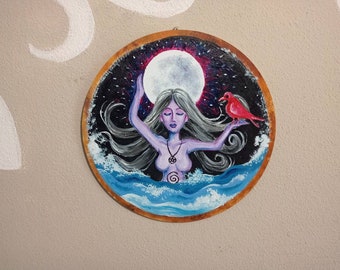 Mondmalerei, Malerei auf Holz, Wicca-Wanddekoration, 20 cm. Heidnische Illustration, Geschenkidee für Frauen, spirituelles Bild
