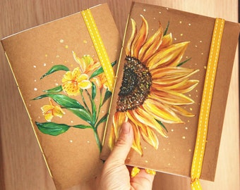 Handmade notebook, with sunflowers. Painted yellow flowers, cover with recycled paper. Junk journal A5 format, hand bound. Pack of 2