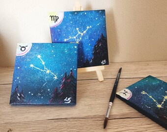 Mini-Sternenhimmel-Gemälde, Leinwand mit Staffelei mit personalisiertem Sternzeichen. Miniaturkunst, schöne Weihnachtsgeschenkidee