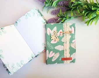 Cuaderno A5 hecho a mano, cuaderno de tela botánica, cuaderno vintage con páginas de hojas, diario, agenda, regalo para escribir