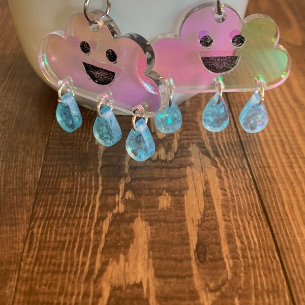 Cloud earrings, spring earrings, kawaii earrings, iridescent earrings, dangle earrings, cute earrings, acrylic cloud earrings, gifts for her