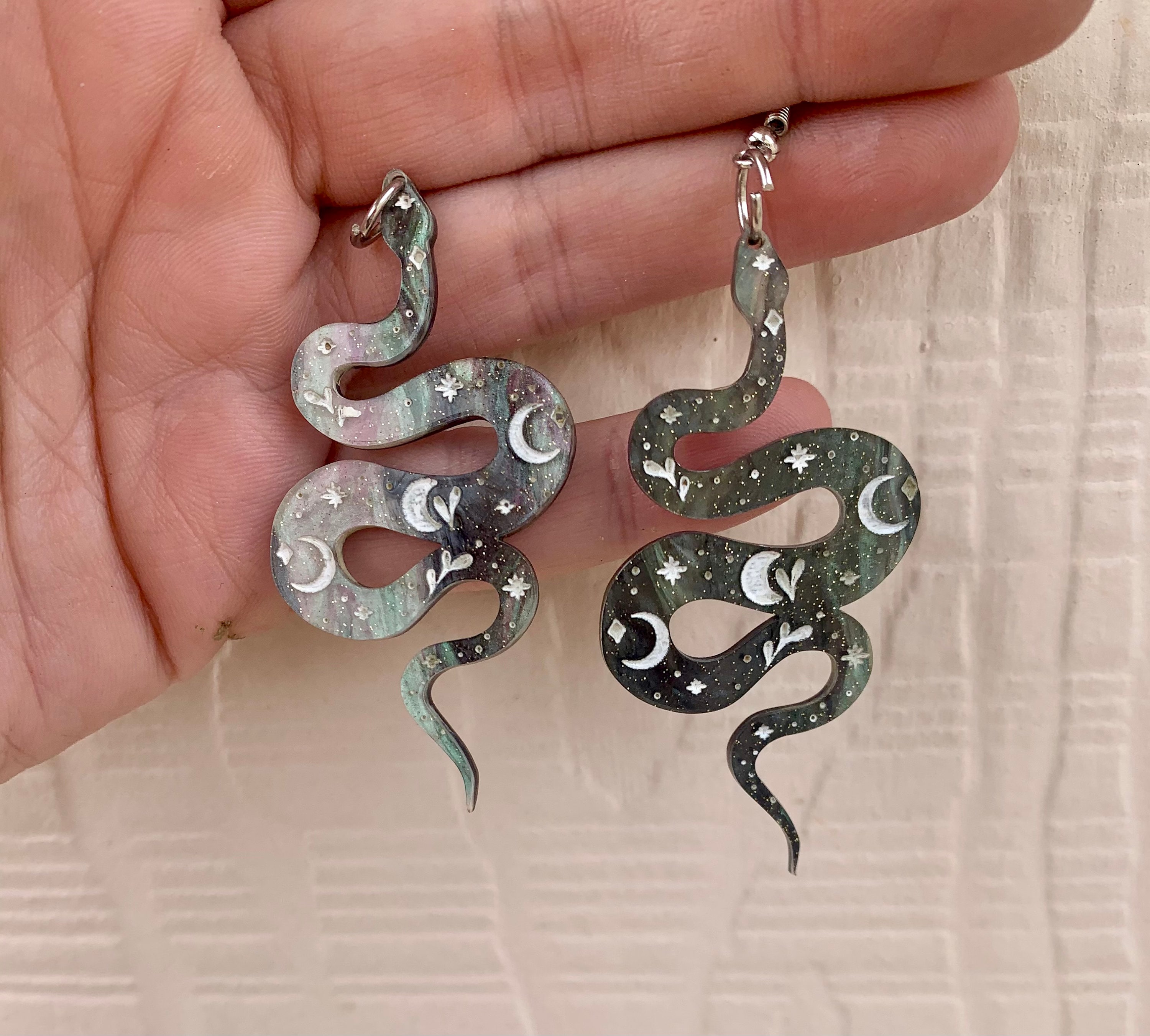 Black and Silver Celestial Snake Earrings Lightweight