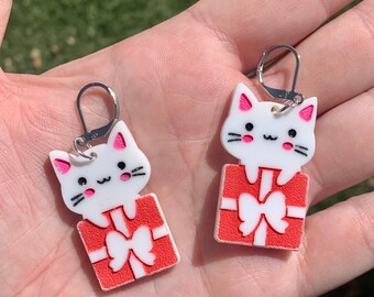 Kitty Holiday Earrings, Cat Christmas Earrings, Stocking Stuffers for Teens, Gift for Cat Lover, Cat Lady Christmas Jewelry, Kawaii, Unique