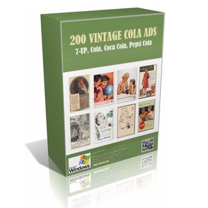 Può includere: Una scatola verde con il testo "200 Vintage Cola Ads" e "7-Up, Cola, Coca Cola, Pepsi Cola" sul davanti. La scatola presenta un collage di pubblicità vintage di cola sul davanti, con immagini di persone che bevono cola, tengono bottiglie di cola e si godono la cola.