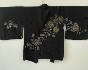 Japanese Kimono Black flower Motif Jacket Checkered Winter Kimono (code:KAK)