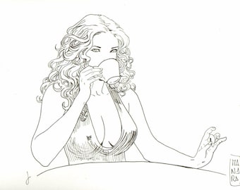 Milo Manara Original Black Chinese Ink Drawing ‘Miel’