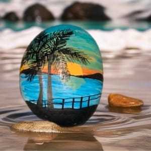 Puede incluir: Una piedra pintada con una escena tropical azul, verde y amarilla de palmeras y una puesta de sol. La piedra está sentada en una playa con un efecto de ondulación en el agua.