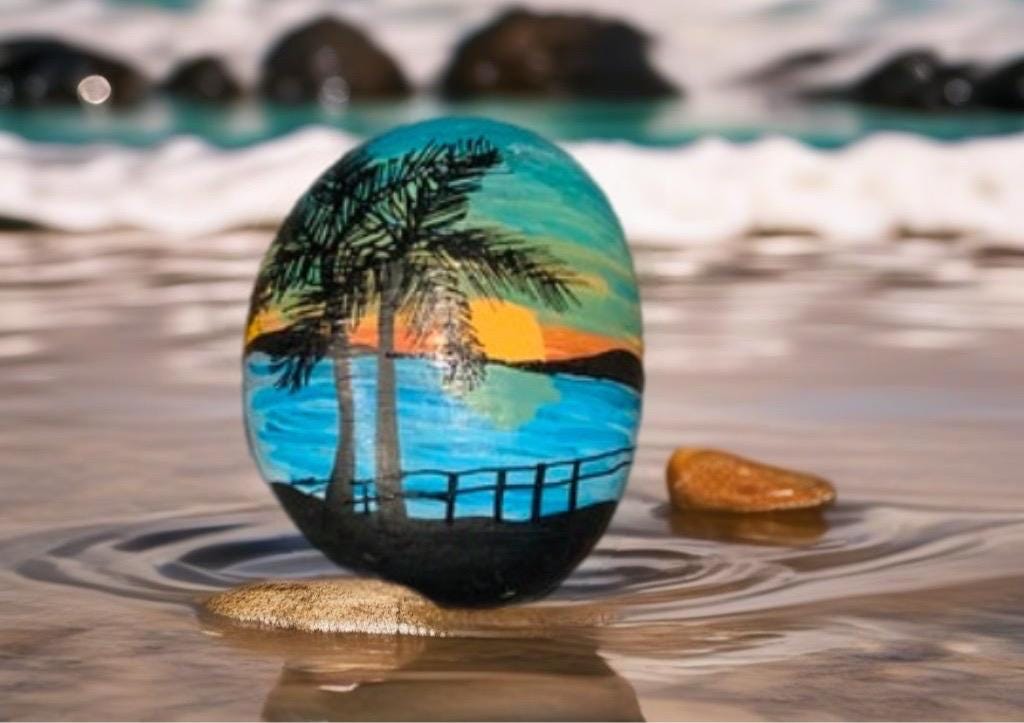 Sunset rock painting, rock painting, beach, ocean