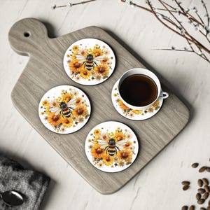 Bee Floral Coasters, Bee Coasters for Home Decor, Gift for Nature Lovers, Summer Table Decor, Eco-Friendly Coasters Set