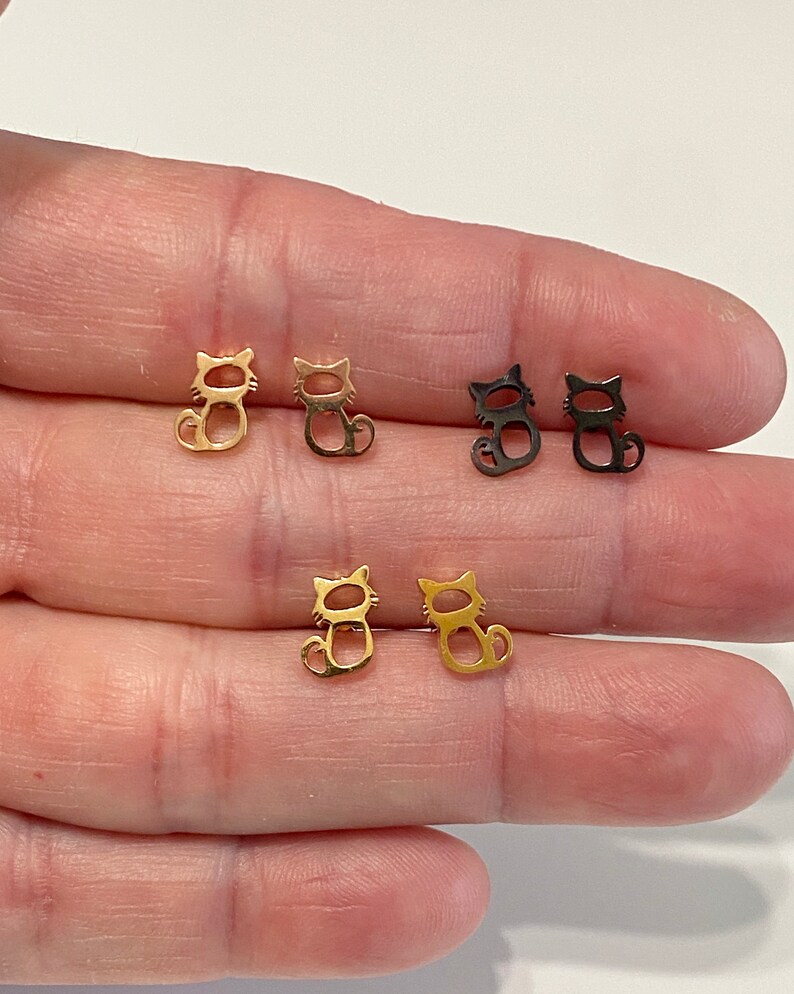 Cat Stud Earrings Stainless Steel Blackgold rose Color Cat Etsy