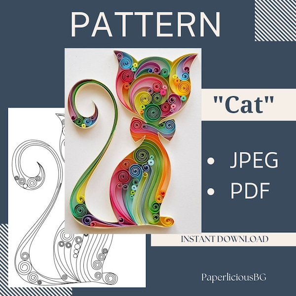 Template for Quilling Cat, Quilling pattern, Quilling Template easy instructions, Quilling cat template, Beginner Pattern and template