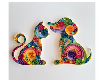 Cat and Dog Wall Art, Cat Dog Wall Decor, Pet wall art, Nursery Wall Art, Kids room decor, Paper art, Birthday gift, Quilled 3d original art