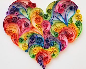 Valentine's Day Gift, 1st Paper Anniversary Gift, Original Artwork "Rainbow Heart" 8"x8", Quilled paper wall art, First anniversary gift