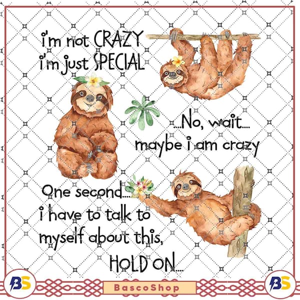 Sloths, I'm Not Crazy I'm Just Special No, Wait Maybe I Am Crazy One Second I Have To Talk To Myself Sloths Lovers PNG, Sublimation Designs