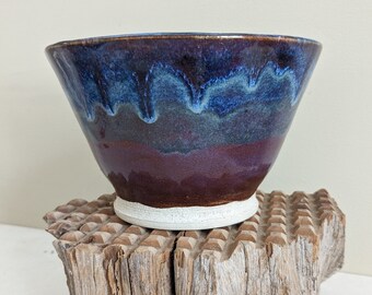 Handmade fruit bowl, colorful pottery, unique ceramic dish, blue and purple bowl