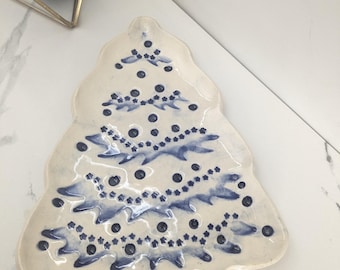 Christmas tree serving platter; blue and white hand made pottery
