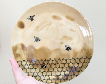 Handmade pottery plate set, honeycomb and bee dinner set, unique wedding gift
