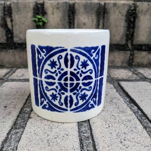 White and blue canister, kitchen utensil caddy, silverware holder, handmade pottery