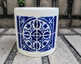 White and blue canister, kitchen utensil caddy, silverware holder, handmade pottery