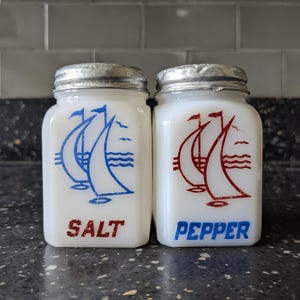 Vintage milk glass salt and pepper shakers, antique kitchen decor