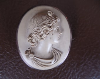 antique Lava cameo pin or brooch from Naples Italy, Deep relief of a goddess with dress and fibula