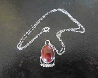 vintage Silver carnelian ox blood red necklace with chain,  18 inches