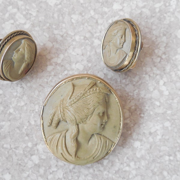 Victorian, early Edwardian  Lava Cameo Brooch and earrings, in Gray Lava, Finely carved tested at least 18 K gold made in Naples Italy